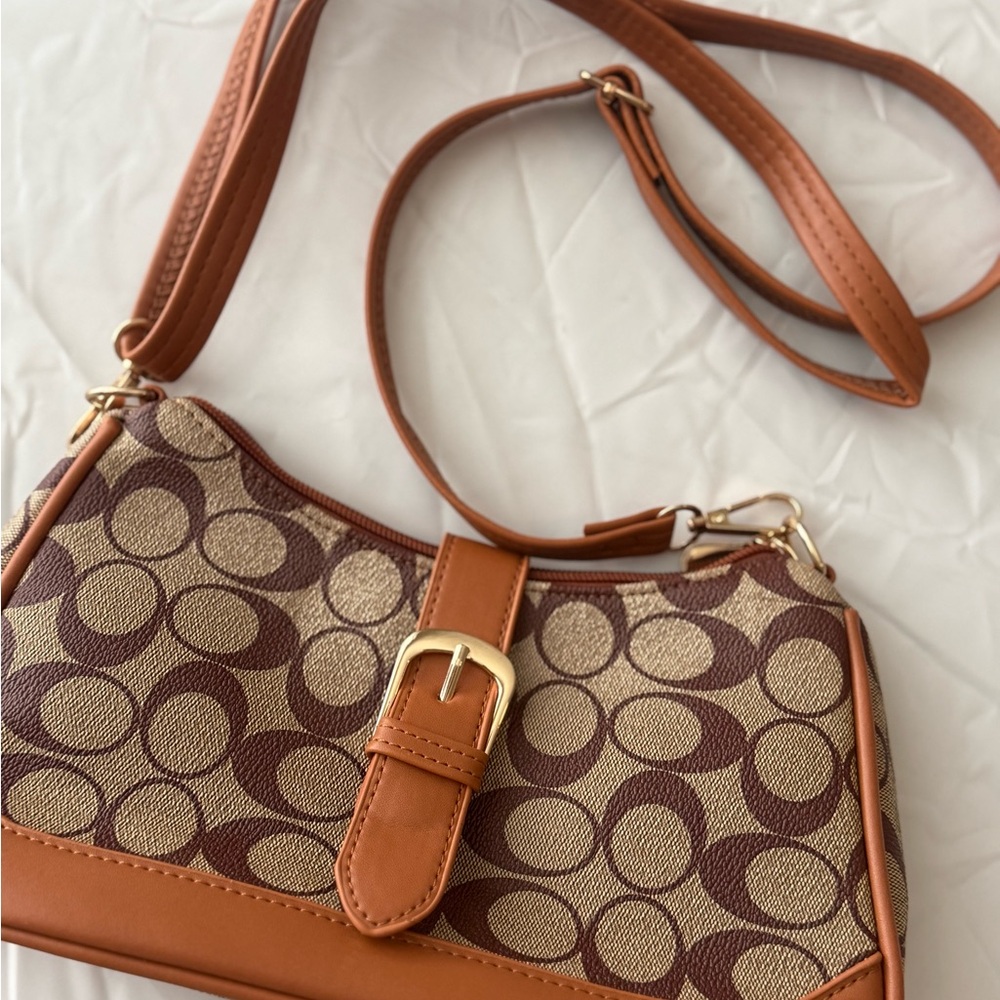 Tan Circle-Print Crossbody Bag with Gold Buckle
